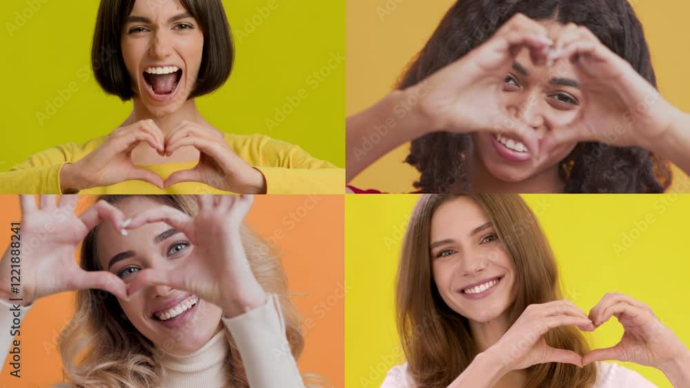 Aufkleber Four multiracial individuals joyfully create heart shapes with their hands against colorful backgrounds. Each person conveys love and happiness through their unique gestures and expressions.