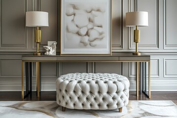 Elegant Living Room Interior Design with Modern Console Table and Plush Ottoman Interior 3D Render