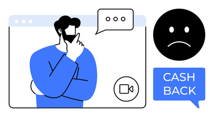 Man with beard thinking in a video call window, speech bubble, and a cash back message with sad face. Ideal for remote work, online consultation, financial refunds, customer service, decision making