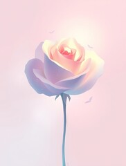 A beautiful magic rose stands tall against a soft pastel backdrop, its petals glowing with an ethereal light. The flower exudes a surreal charm, inviting wonder