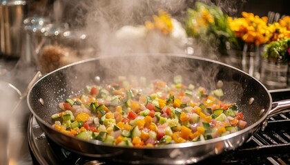 stir-fried vegetables featuring vibrant bell peppers and an assortment of fresh herbs, served in a sizzling wok with a glossy sauce