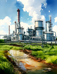 Obraz premium Industrial complex with tanks, pipes, and a tall chimney against a cloudy sky. Greenery in the foreground