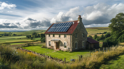 A charming country house with solar panels on the roof, surrounded by rolling green hills and fields, showcasing renewable energy use in rural areas.