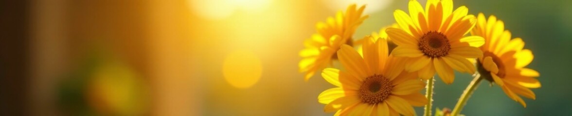 Fototapeta premium Morning light backlights a vase of fresh yellow daisies, , colors