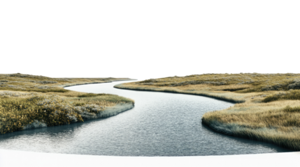 Serene River Winding Through Grasslands: A serene vista of a river winding through grassy fields. Its tranquil blue waters meander gracefully.