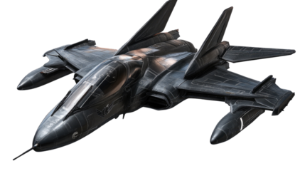 Stealth Fighter Jet: A sleek, futuristic stealth fighter jet, designed for speed and maneuverability, dominates the frame. Its dark gray color and angular design evoke a sense of power and mystery.