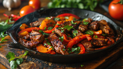 meat curry in pan served on wooden table 