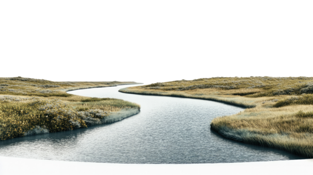 Serene River Winding Through Grasslands: A serene vista of a river winding through grassy fields. Its tranquil blue waters meander gracefully.