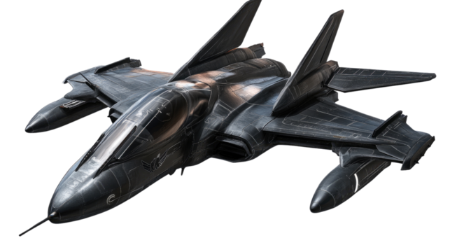 Stealth Fighter Jet: A sleek, futuristic stealth fighter jet, designed for speed and maneuverability, dominates the frame. Its dark gray color and angular design evoke a sense of power and mystery.