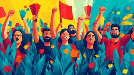 Fototapeta premium Vibrant Illustration of a Diverse Group Protesting with Raised Fists and Flags Amidst Lush Foliage