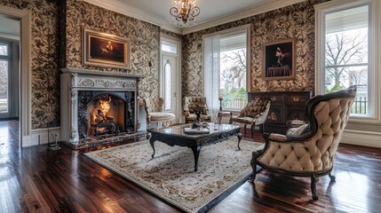 Elegant Living Room Fireplace Winter Scene Cozy Home Interior Design Interior 3D Render
