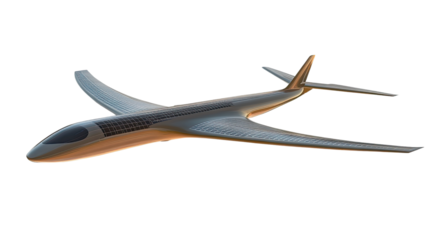 Futuristic Airplane Design: A sleek, modern airplane concept with solar panels integrated into the wing design, symbolizing innovative and sustainable air travel. 