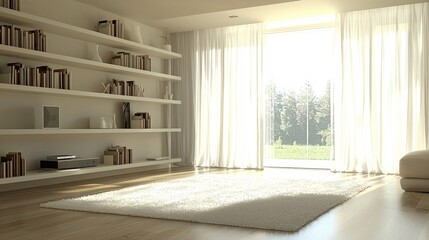 Serene Minimalist Living Room Design with Sunlight Streaming Through Sheer Curtains and a Fluffy White Rug Interior 3D Render