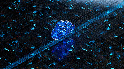 Cloud shape on circuit board symbolizes cloud computing technology and network security concept. 3D rendering, conceptual image.