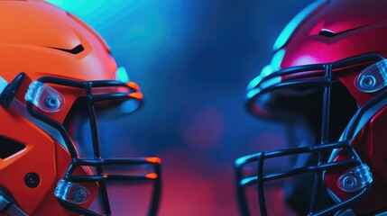 Gridiron Showdown: Two American Football Helmets Face Off Under Neon Lights