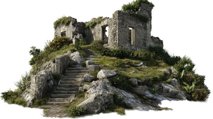 Ruined Castle on Hilltop: A picturesque stone ruin, overgrown with lush vegetation, sits atop a rocky hill, a stone staircase leading to its weathered entrance.