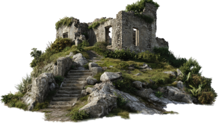 Ruined Castle on Hilltop: A picturesque stone ruin, overgrown with lush vegetation, sits atop a rocky hill, a stone staircase leading to its weathered entrance.