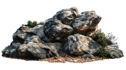 Rocky Outcrop with Greenery: A cluster of rough-hewn, gray and brown rocks, textured and varied in size, forms a natural outcrop, accented by small green shrubs.