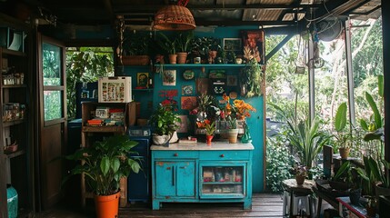 Vibrant indoor space with turquoise cabinet, lush plants, and eclectic decor.