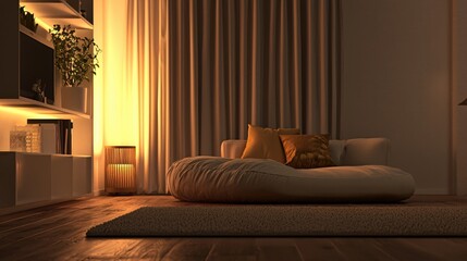 Serene Evening Living Room Modern Minimalist Design Warm Lighting Cozy Comfort Interior 3D Render