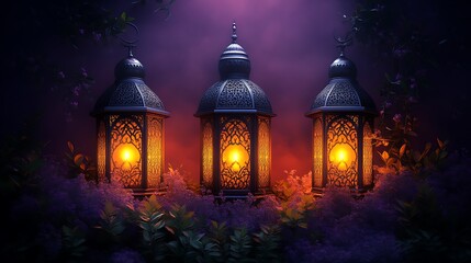 Fototapeta premium Illuminated Lanterns Amidst Nighttime Flora