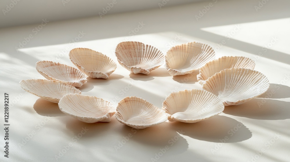 Poster seashells arranged in a circle on a light surface