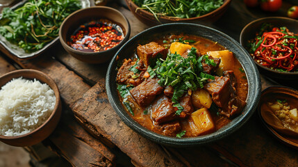 meat curry in bowl with rise