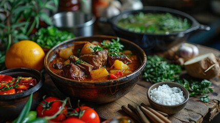 meat curry in bowl with rise