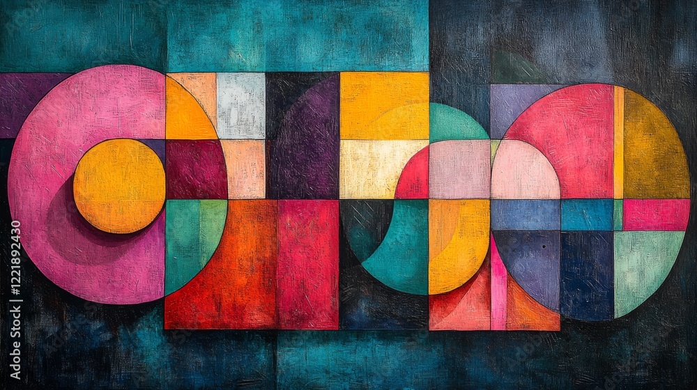 Poster abstract composition of geometric shapes with vibrant color palette and textured surface for modern 