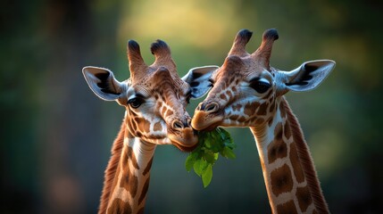 Obraz premium Gentle Giants Sharing a Meal: Two Giraffes Enjoying a Tender Moment in Nature's Embrace