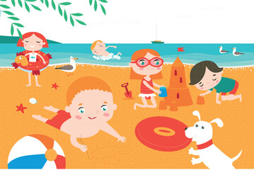 children playing on the beach vector summer design