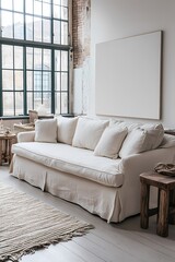 Fototapeta premium Serene Loft Apartment Living Room Design with Beige Sofa and Large Window Interior 3D Render