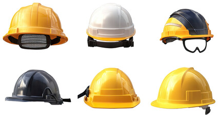 Safety First: A collection of six different hard hats, featuring a variety of colors and designs. From classic yellow to black and white combinations.
