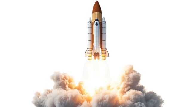 Spacecraft Launch: A powerful spacecraft,  blasts off into the vast unknown, leaving a trail of smoke and fire in its wake.