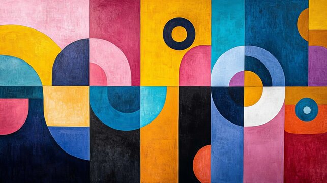 A vibrant geometric composition with interconnected circles and semi-circles creating a modern abstract art piece using bold color blocking techniques and textural variations