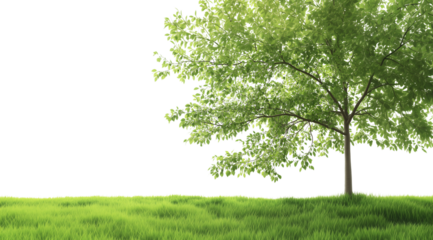 Young tree with leaves on a green meadow isolated on white, created with Generative AI technology, PNG