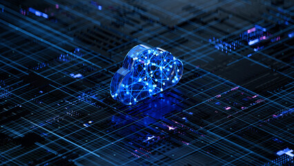 Cloud shape on circuit board symbolizes cloud computing technology and network security concept. 3D rendering, conceptual image.
