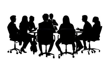 Business Meeting Silhouette: A powerful silhouette image depicting a group of business professionals engaged in a serious meeting around a circular table.