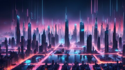 Obraz premium Neon-lit futuristic cityscape with vibrant pink and blue glowing lines streaking across a reflective water channel.