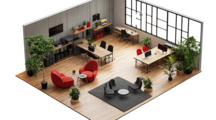 Modern Office Space Isometric View: An isometric view of a contemporary office interior design featuring sleek desks, comfortable red armchairs, and potted plants.