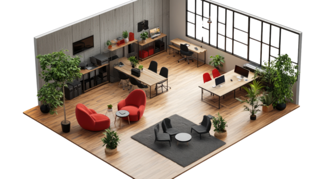 Modern Office Space Isometric View: An isometric view of a contemporary office interior design featuring sleek desks, comfortable red armchairs, and potted plants.