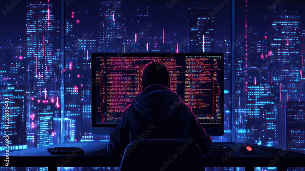 Poster hacker coding at night overlooking a futuristic city.