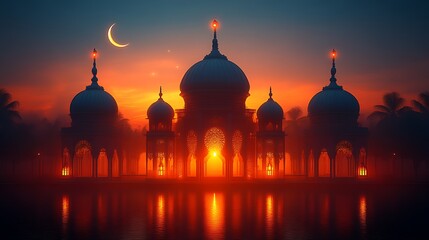 Majestic Mosque Sunset Silhouette Reflecting Peacefully