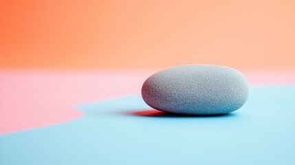 Grey Stone Resting on Pastel Pink and Blue Background