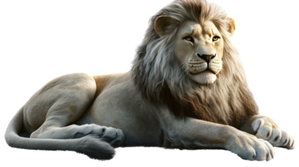 Majestic Lion: A regal lion with a thick, flowing mane sits majestically in a pose of authority, its powerful gaze locked on the horizon.