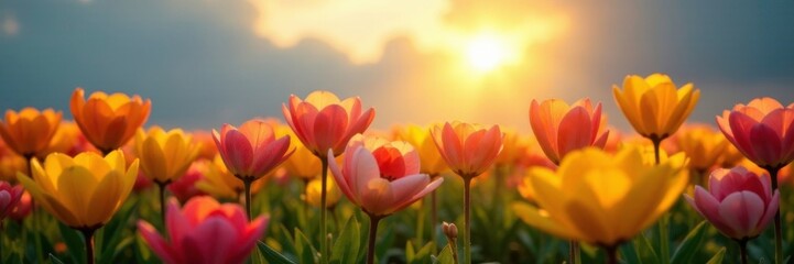 Morning sunlight peeks through the clouds to highlight cyclamen flowers, sun, flower, yellow