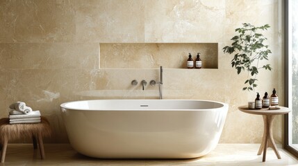 Fototapeta premium Modern bathroom with freestanding tub, beige marble tiles, and natural elements.