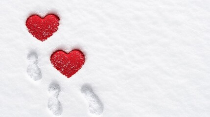 Fototapeta premium Two red hearts and footprints in the snow symbolizing love and romance