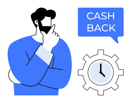 Man in blue thinking, speech bubble Cash Back, clock inside a gear. Ideal for personal finance, time management, efficient planning, saving strategies, financial rewards, efficiency tips
