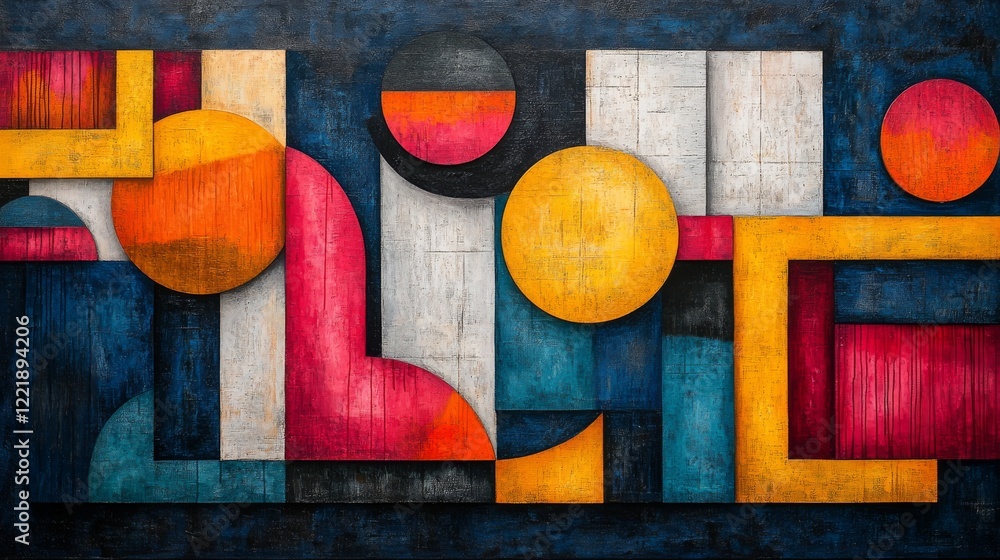 Poster abstract geometric composition with textured surfaces and bold color palette of shapes and forms
